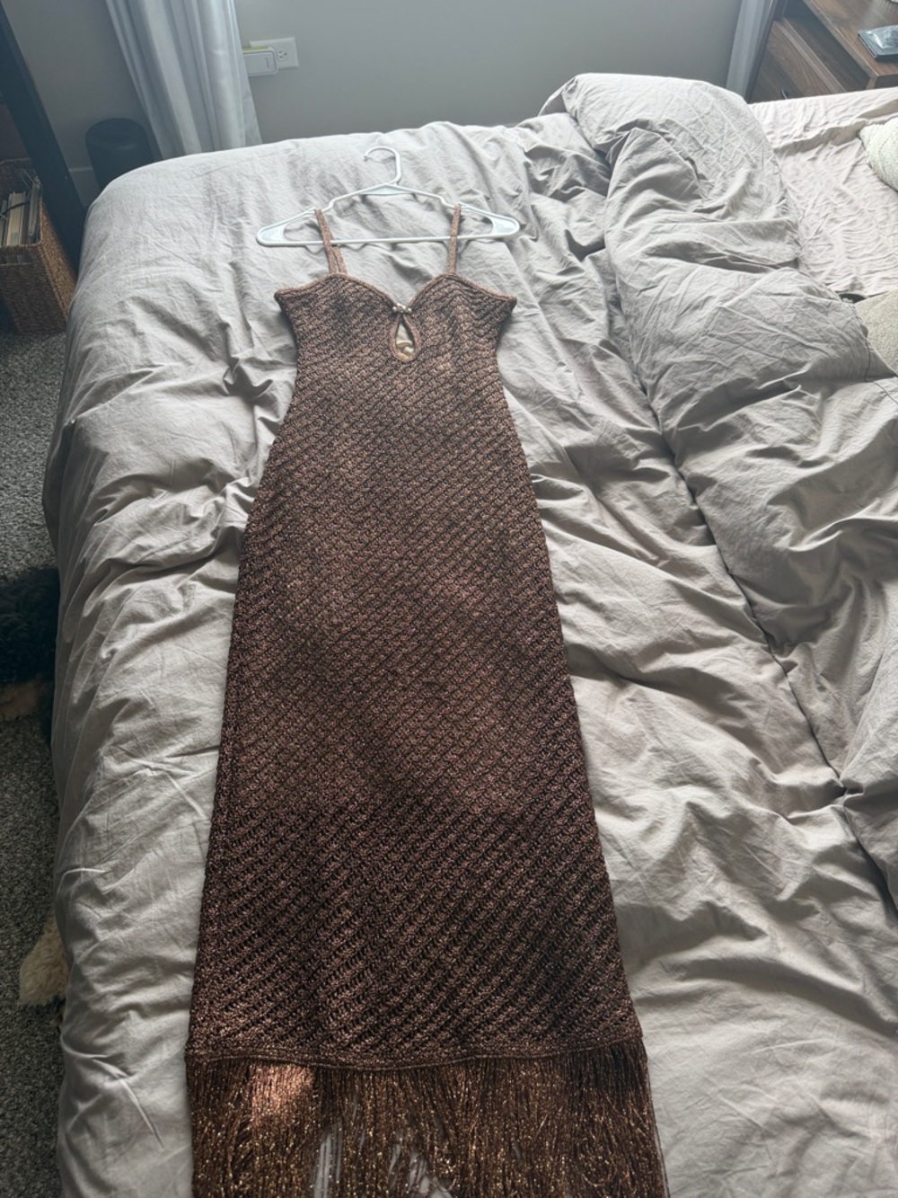 Meshki Raelynn Metallic Knit Fringe Midi Dress - Dark Chocolate - Picture 3 of 3